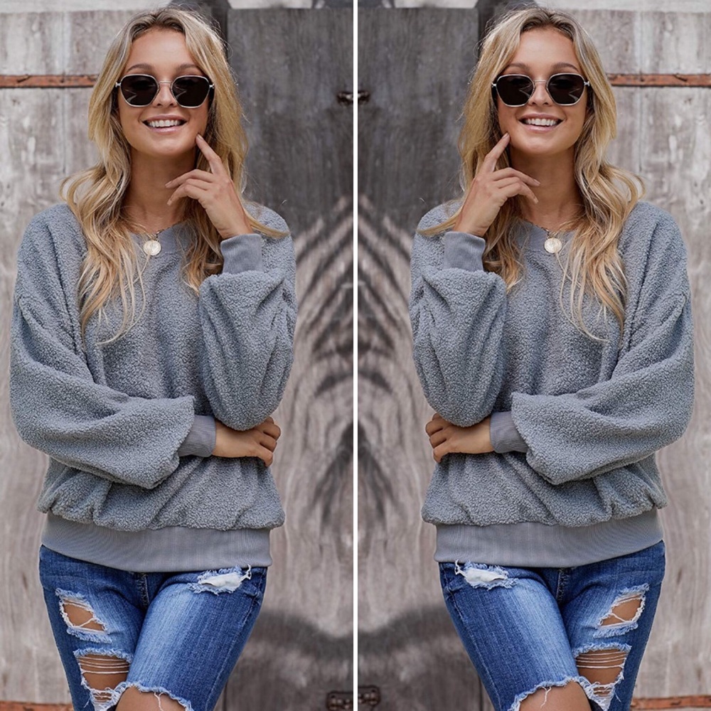 ✶NEW Fuzzy Gray Pullover Sweatshirt Coat Top✶ - Picture 1 of 8